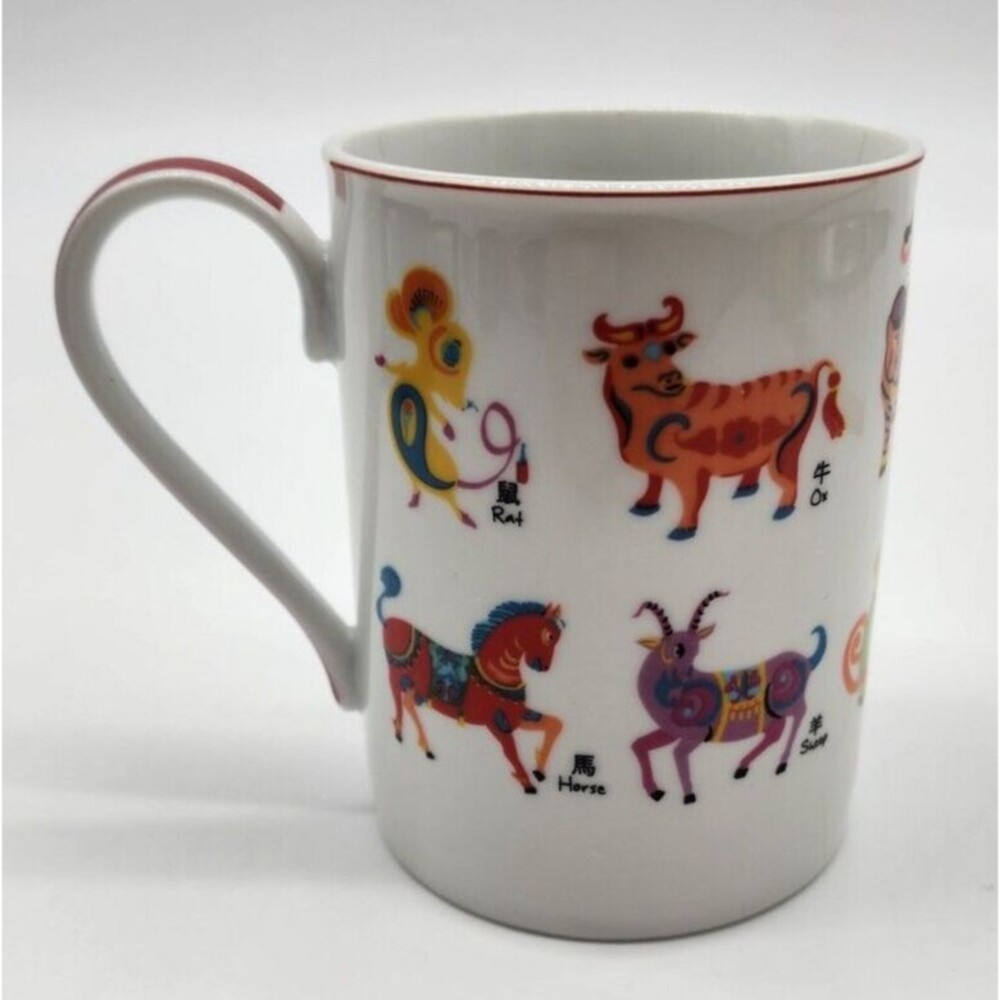 Pier 1 Chinese Zodiac Coffee Tea Mug Cup Porcelain White Red Handle